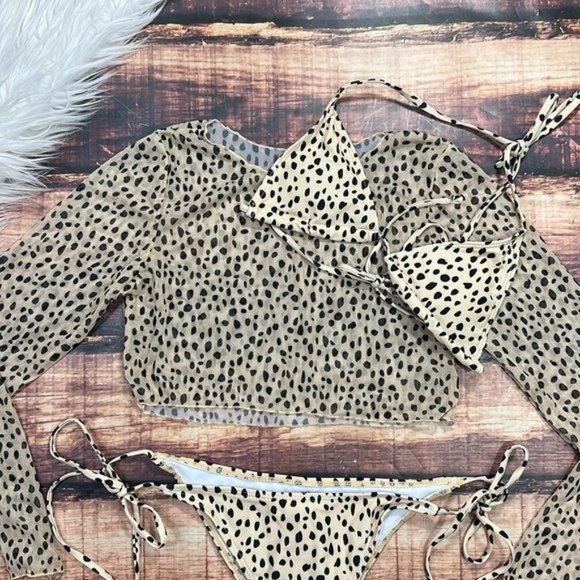 RELISTED Leopard Dot Animal Print Bikini and Long Sleeve Swim Top - Picture 2 of 8